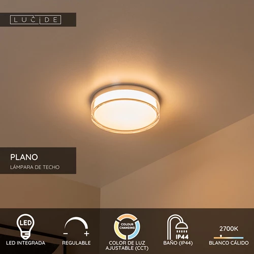 Lucide PLANO - Lámpara de techo Baño - Ø 23 cm - LED Regul. - CCT - 1x11W 2700K/4000K - IP44 - Ópalo - USP